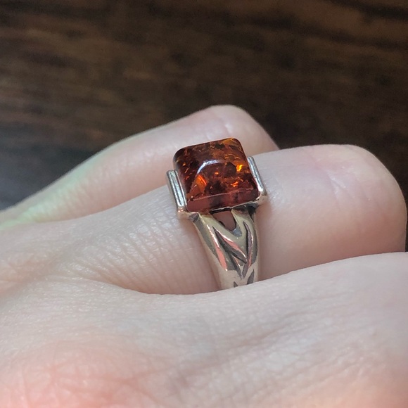 Vintage stamped silver ring amber square cabochon glows sz 7.25 boho - Picture 2 of 13